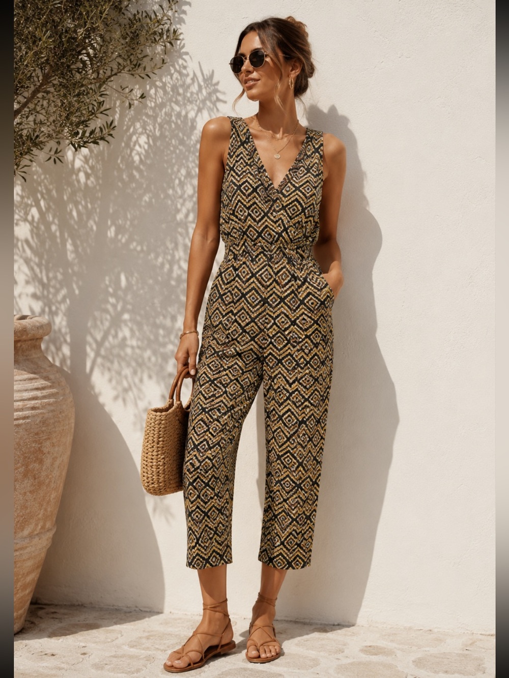 Whistles Zig Zag Wide Leg V Neck Jumpsuit Green Black Size 8 NWT